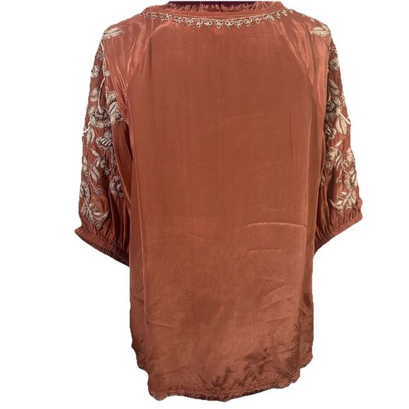 Sundance Embroidered Beaded Satin Peasant Top Blouse Sz S Mauve Boho Cottagecore - Picture 3 of 12